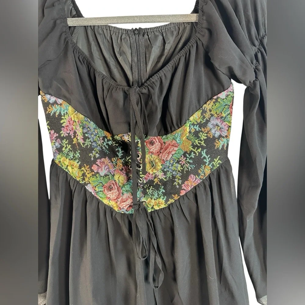 Cider Floral Corset Mini‎ Dress S Black Sheer Bell Sleeve Cottagecore